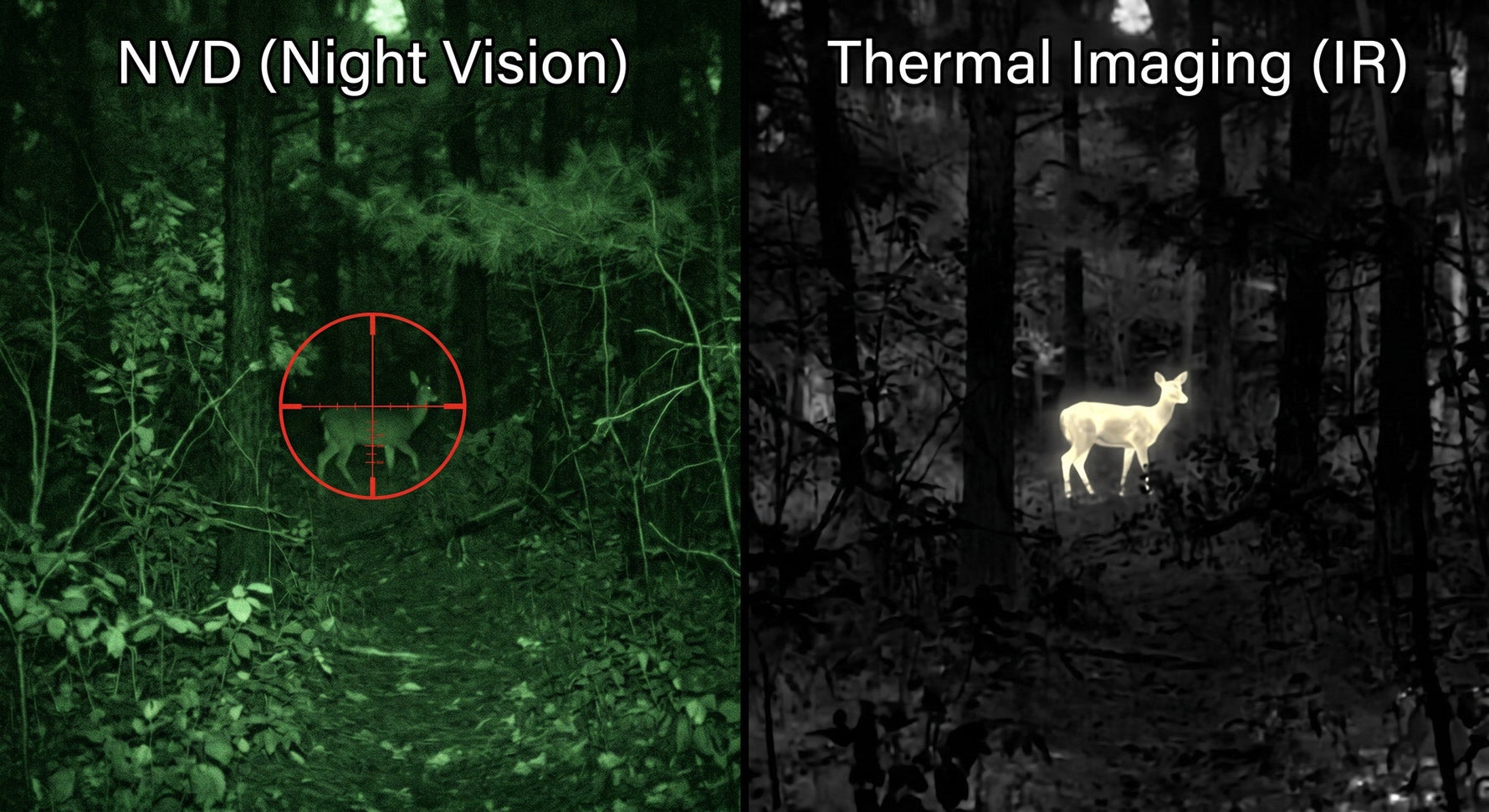 Comparison of night vision and thermal imaging in a forest setting with a deer.