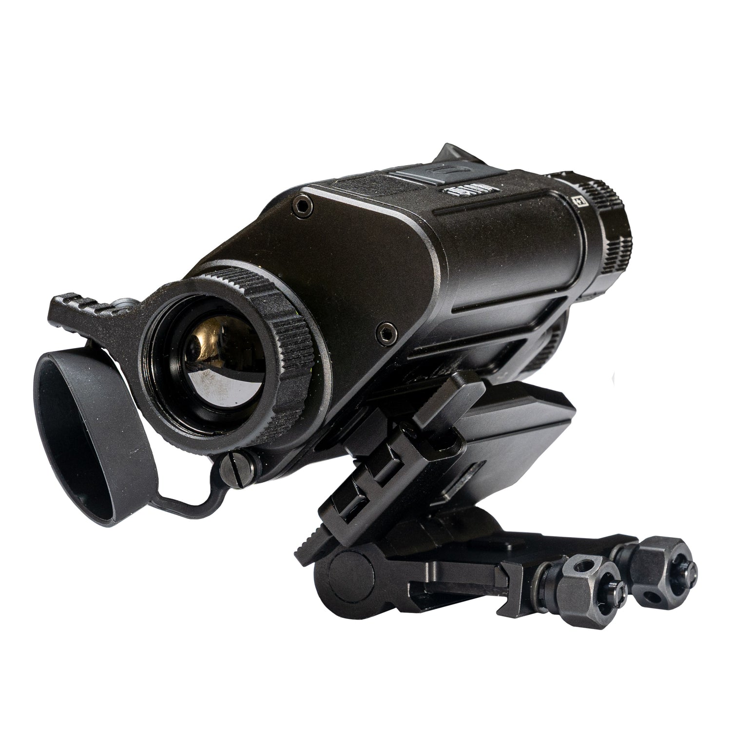 Dominator Thermal Sight and flip-up mount, partially opened, objective lens view