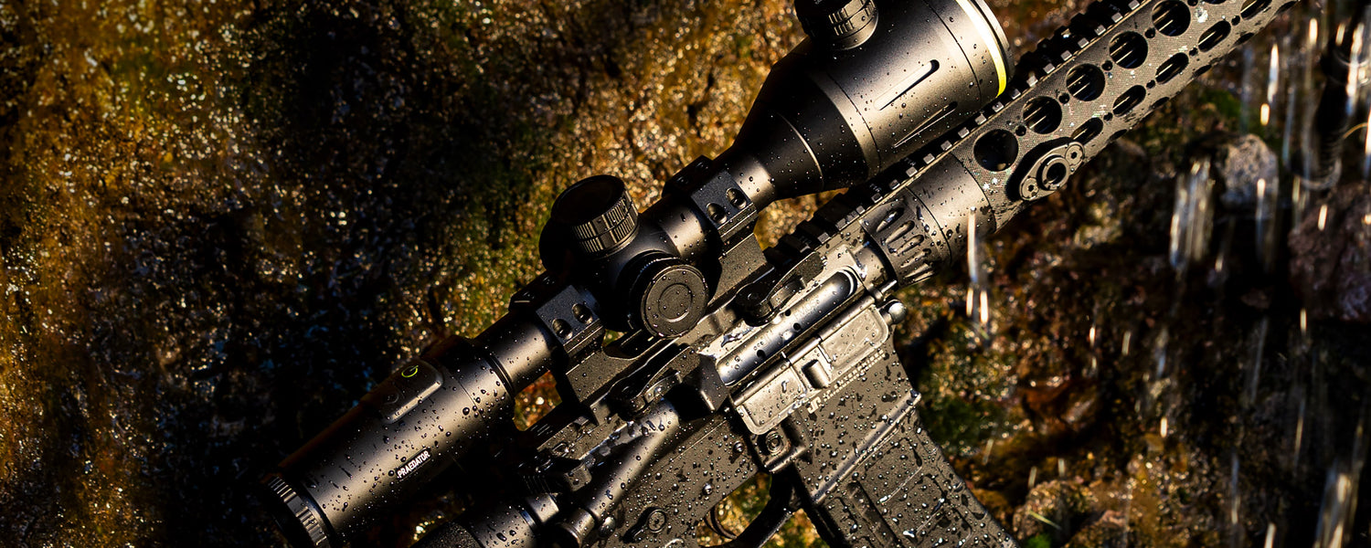 TDX Praedator Thermal Scope atop an AR platform, doused in falling water
